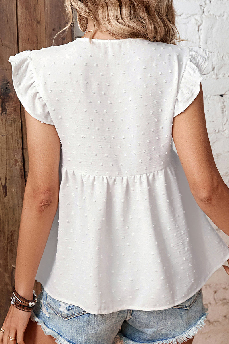 Sweet Elegant Solid Patchwork Flounce V Neck Tops - Fashionpara