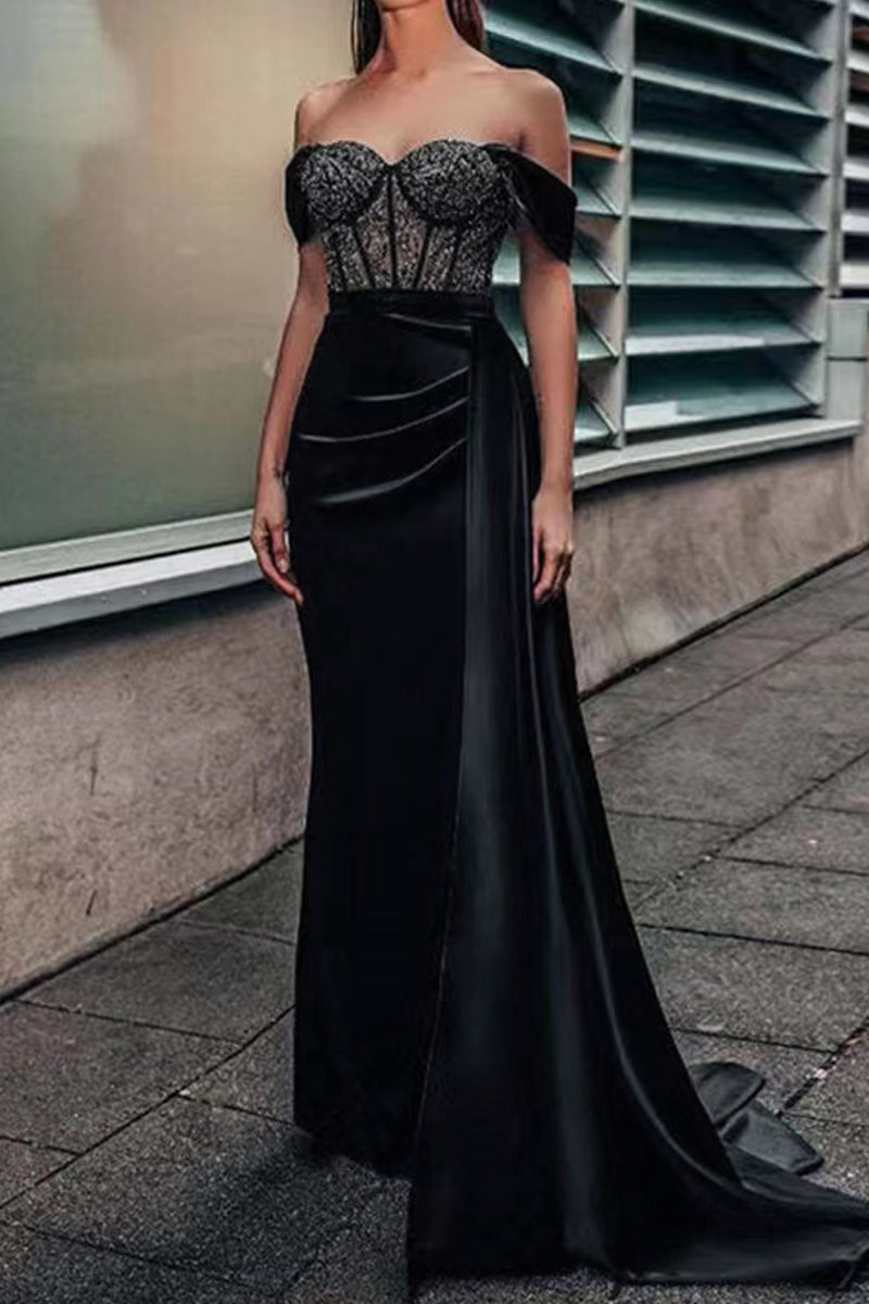 Sexy Formal Solid Lace Off the Shoulder Evening Dresses - Fashionpara