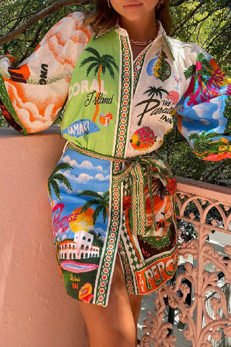 Casual Vintage Floral Frenulum Shirt Collar Printed Dresses  Fashionpara