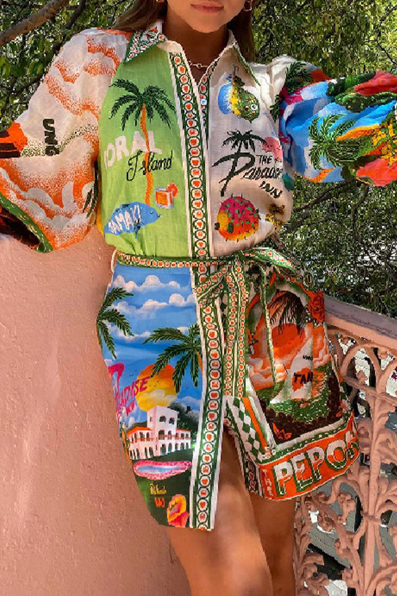 Casual Vintage Floral Frenulum Shirt Collar Printed Dresses  Fashionpara