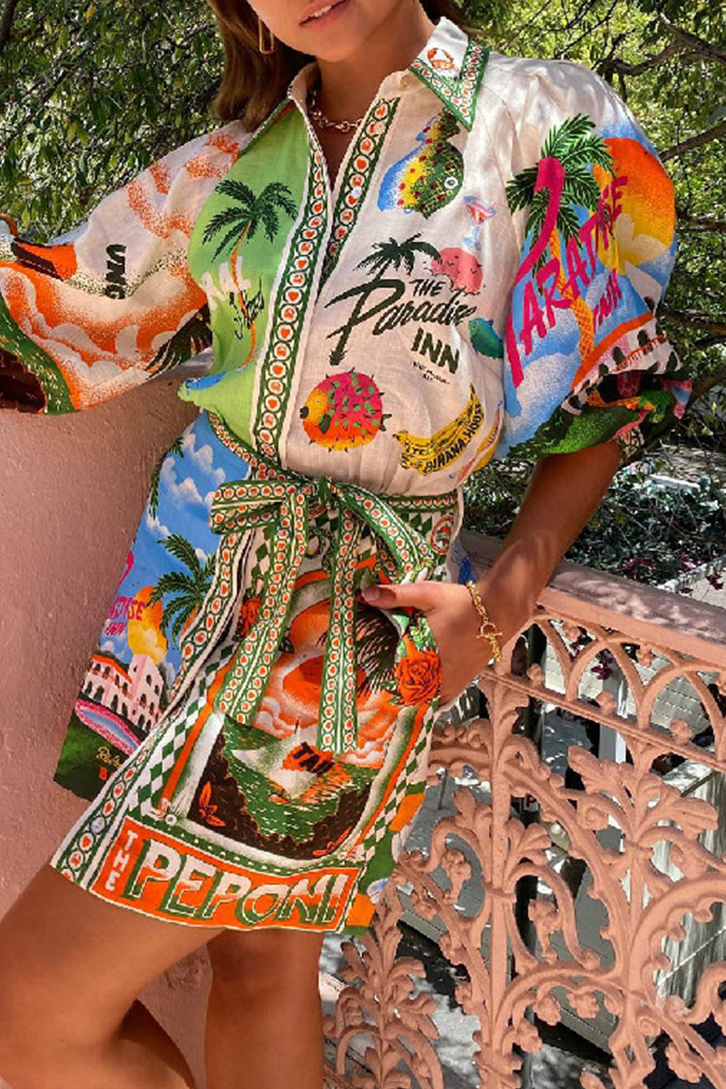 Casual Vintage Floral Frenulum Shirt Collar Printed Dresses  Fashionpara