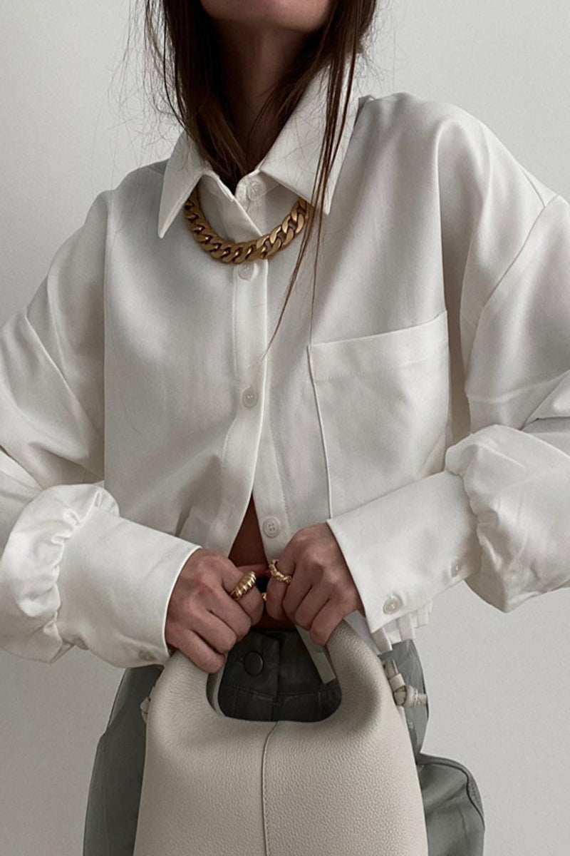 Elegant Solid Pocket Fold Turndown Collar Tops - Fashionpara