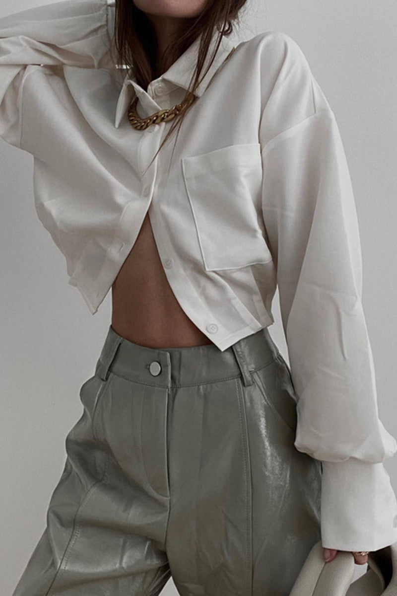 Elegant Solid Pocket Fold Turndown Collar Tops - Fashionpara