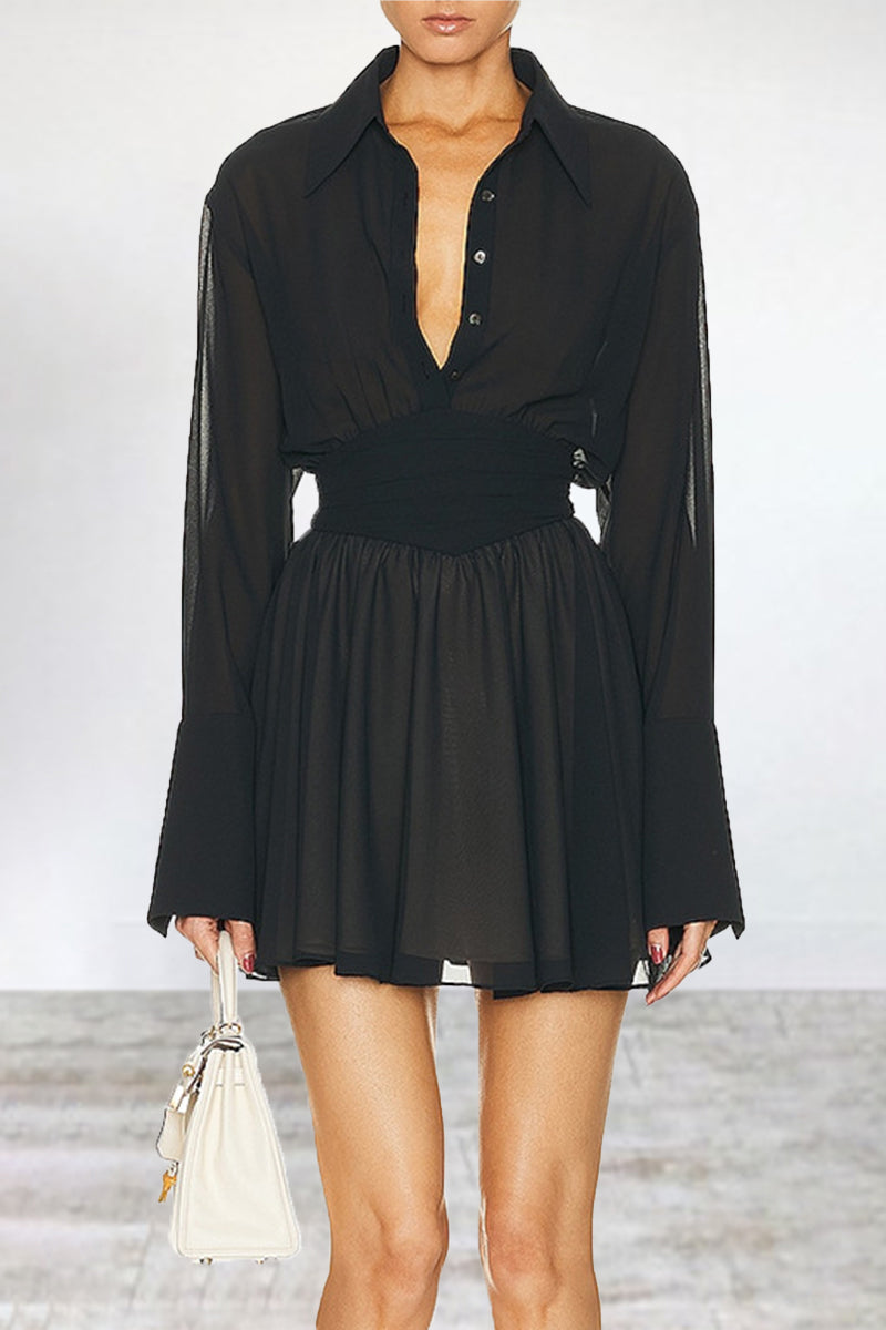 Casual Simplicity Solid Patchwork Turndown Collar Waist Skirt Dresses - Fashionpara