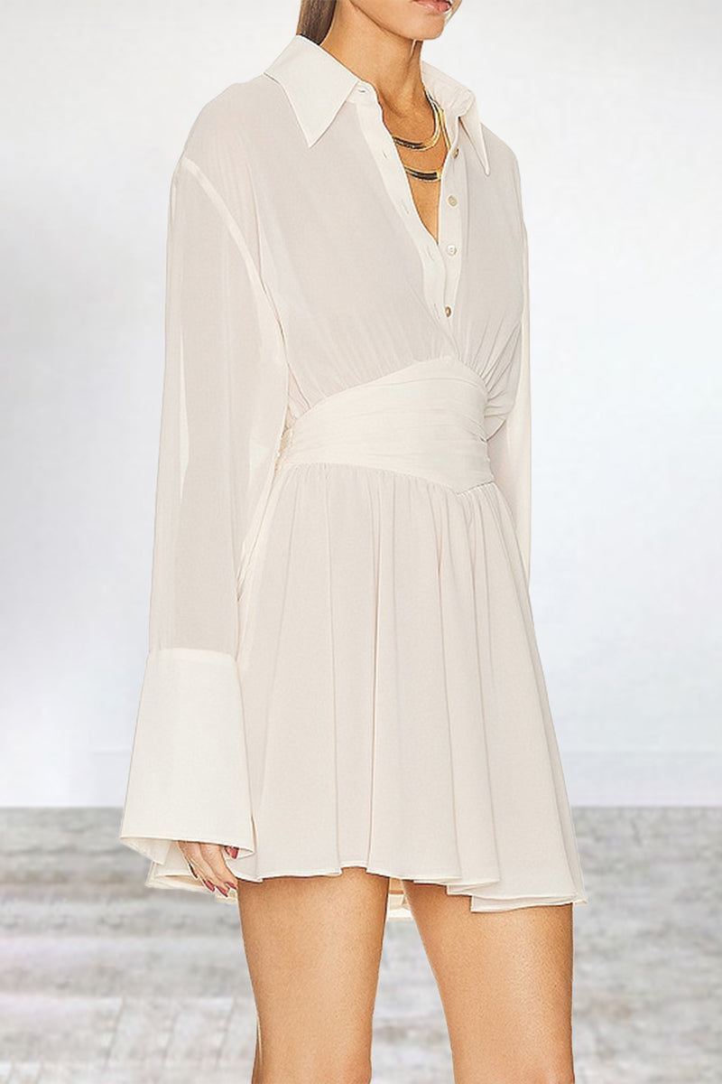 Casual Simplicity Solid Patchwork Turndown Collar Waist Skirt Dresses - Fashionpara