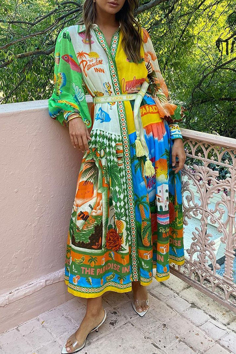 Casual Vintage Print Graffiti Bandage Shirt Collar Shirt Dresses - Fashionpara