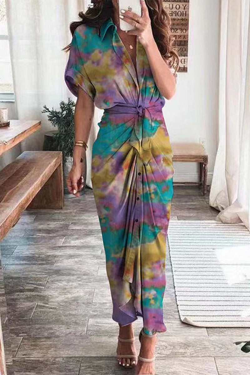 Elegant Print Frenulum Buckle Turndown Collar Pencil Skirt Dresses(7 Colors)  Fashionpara