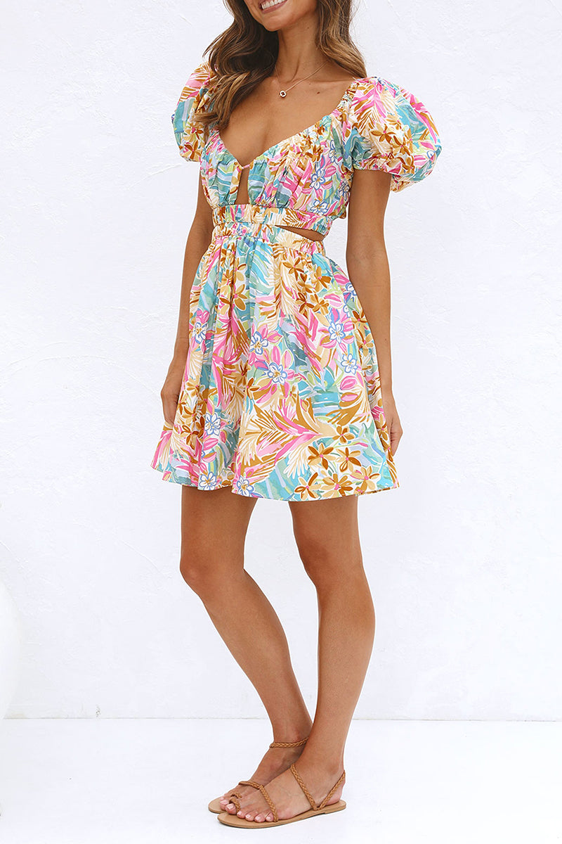 Sexy Print Pierced Flowers V Neck A Line Dresses - Fashionpara