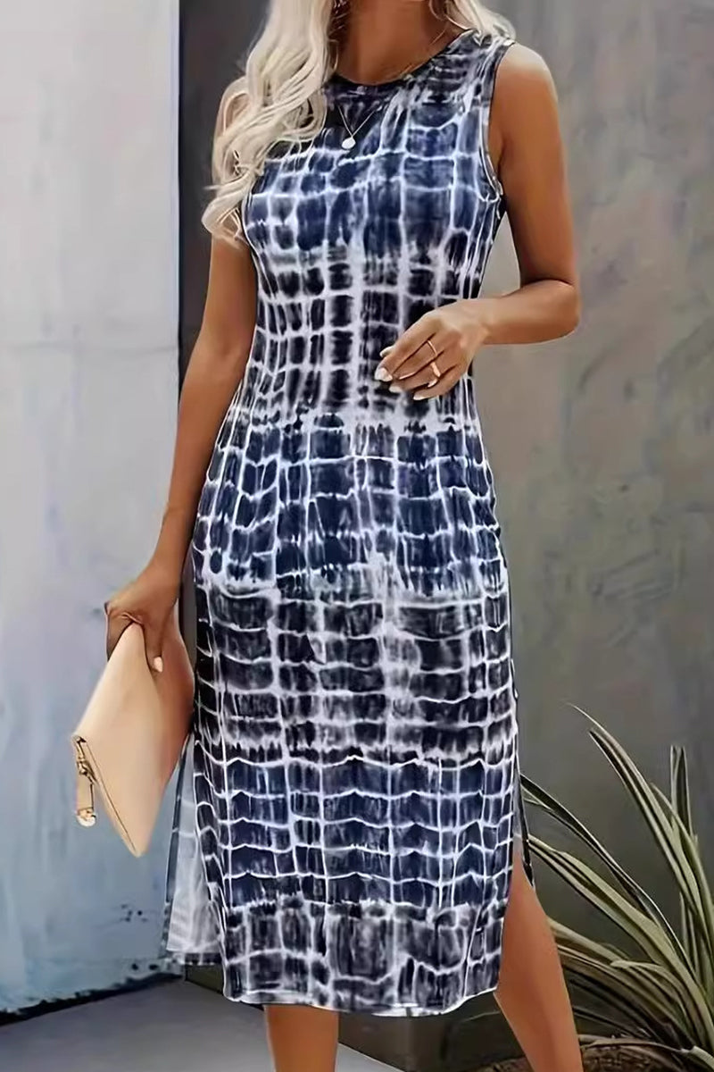 Casual Vintage Print Tie Dye Slit O Neck Dresses  Fashionpara