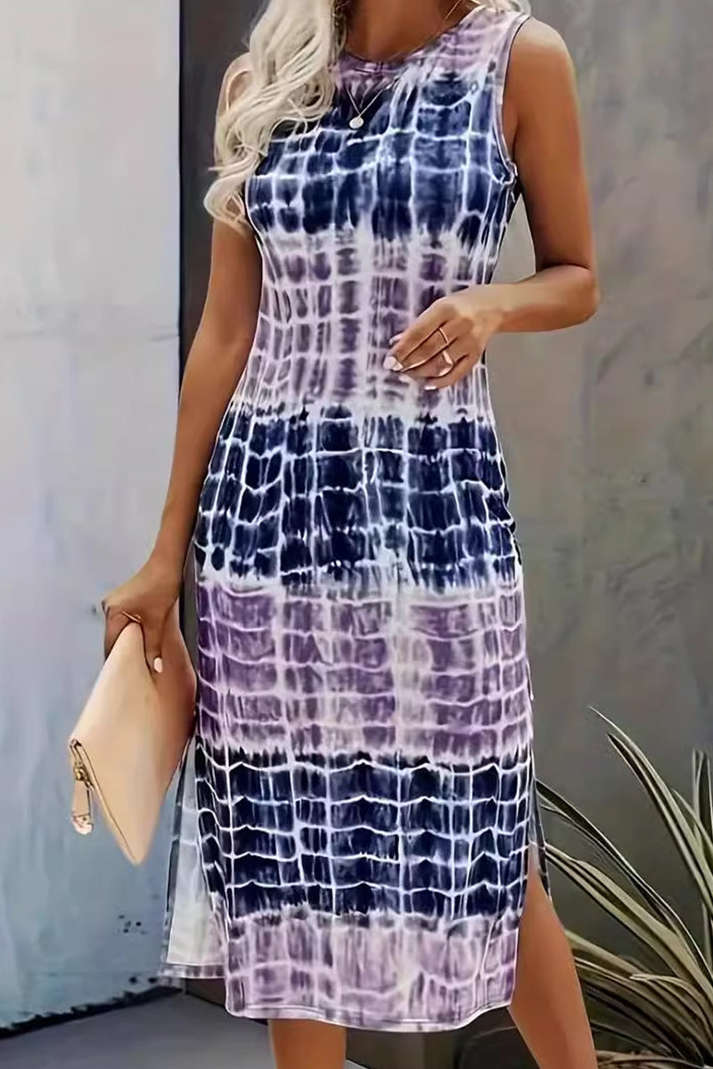 Casual Vintage Print Tie Dye Slit O Neck Dresses  Fashionpara