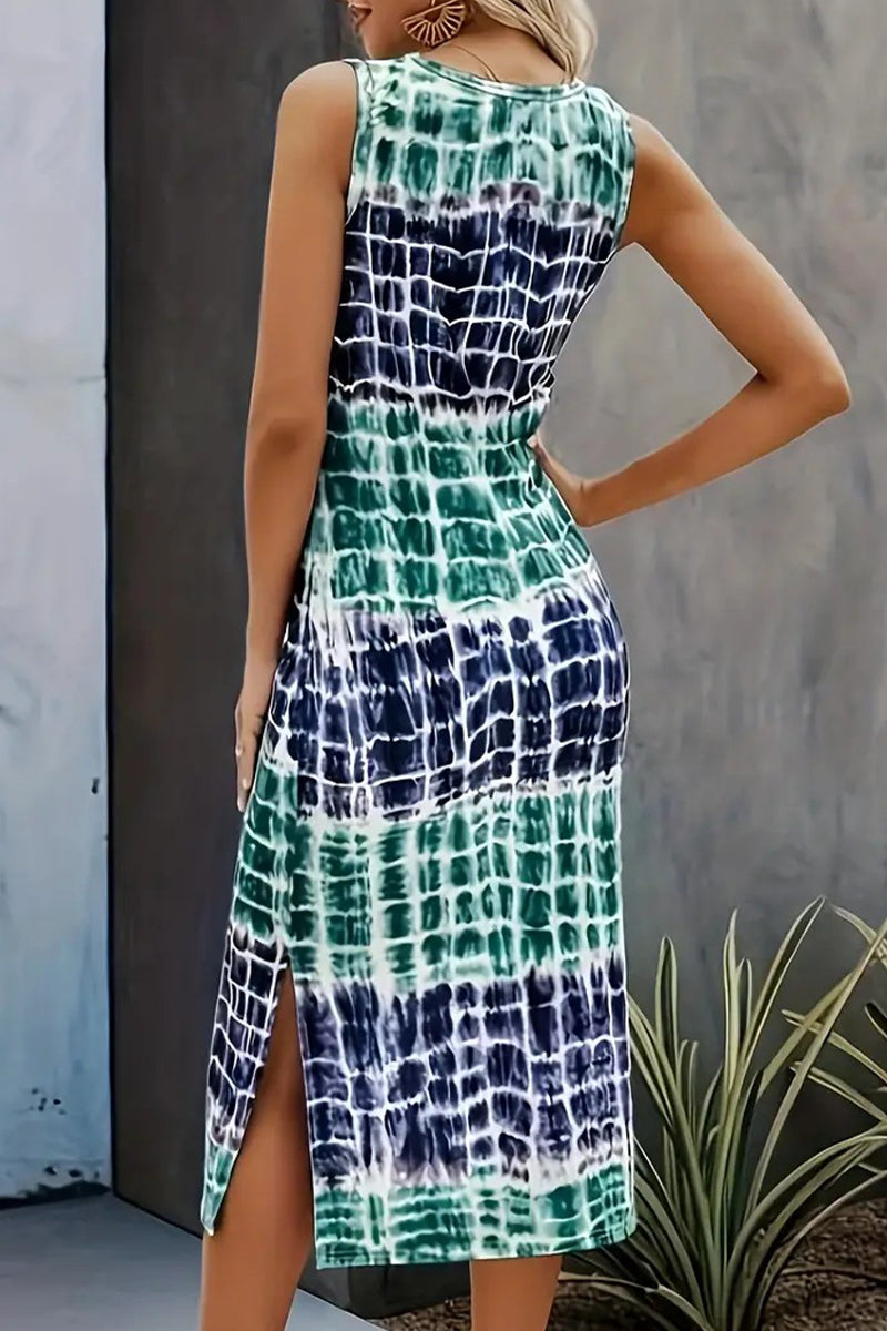 Casual Vintage Print Tie Dye Slit O Neck Dresses  Fashionpara