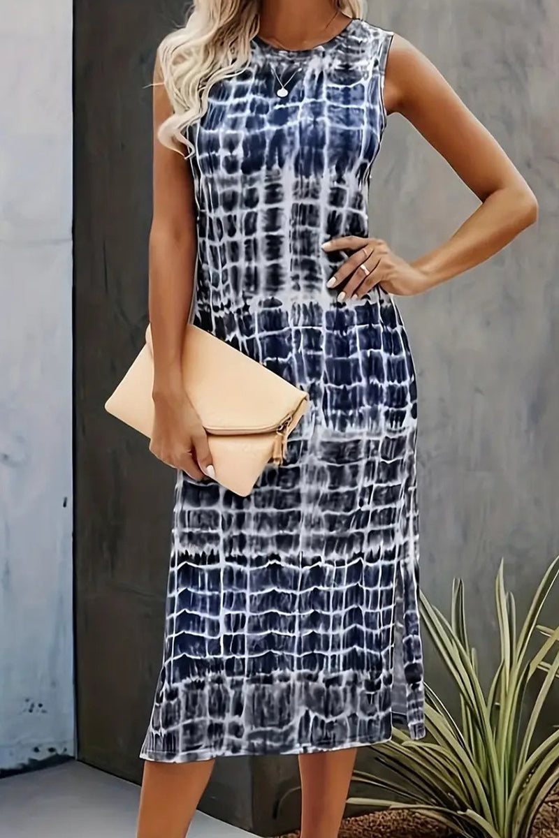 Casual Vintage Print Tie Dye Slit O Neck Dresses  Fashionpara