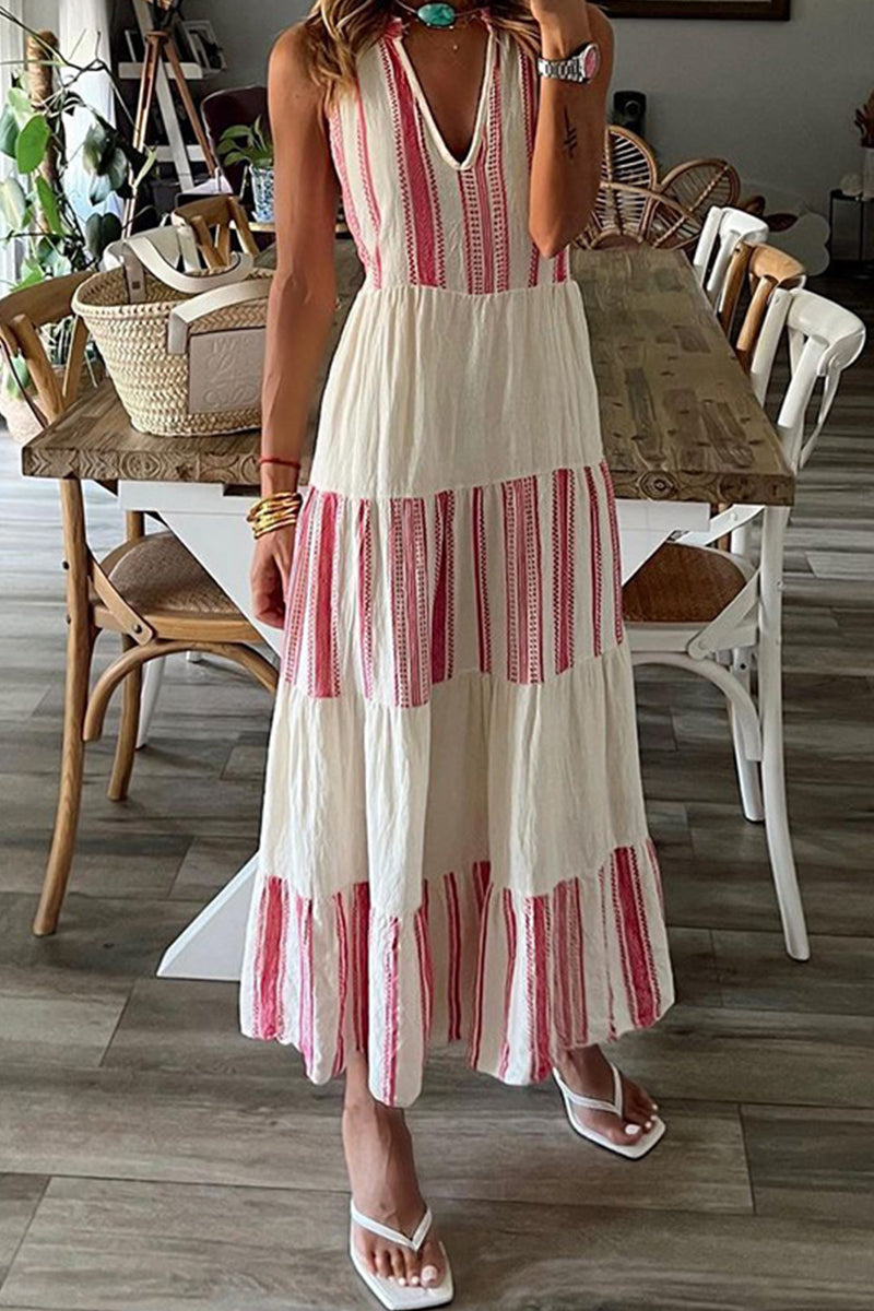 Vertical Stripe V-Neck Sleeveless Tiered Ruffle Midi Dress - View 2