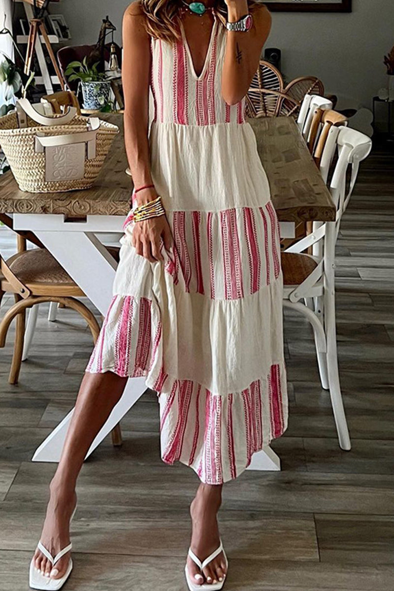 Vertical Stripe V-Neck Sleeveless Tiered Ruffle Midi Dress