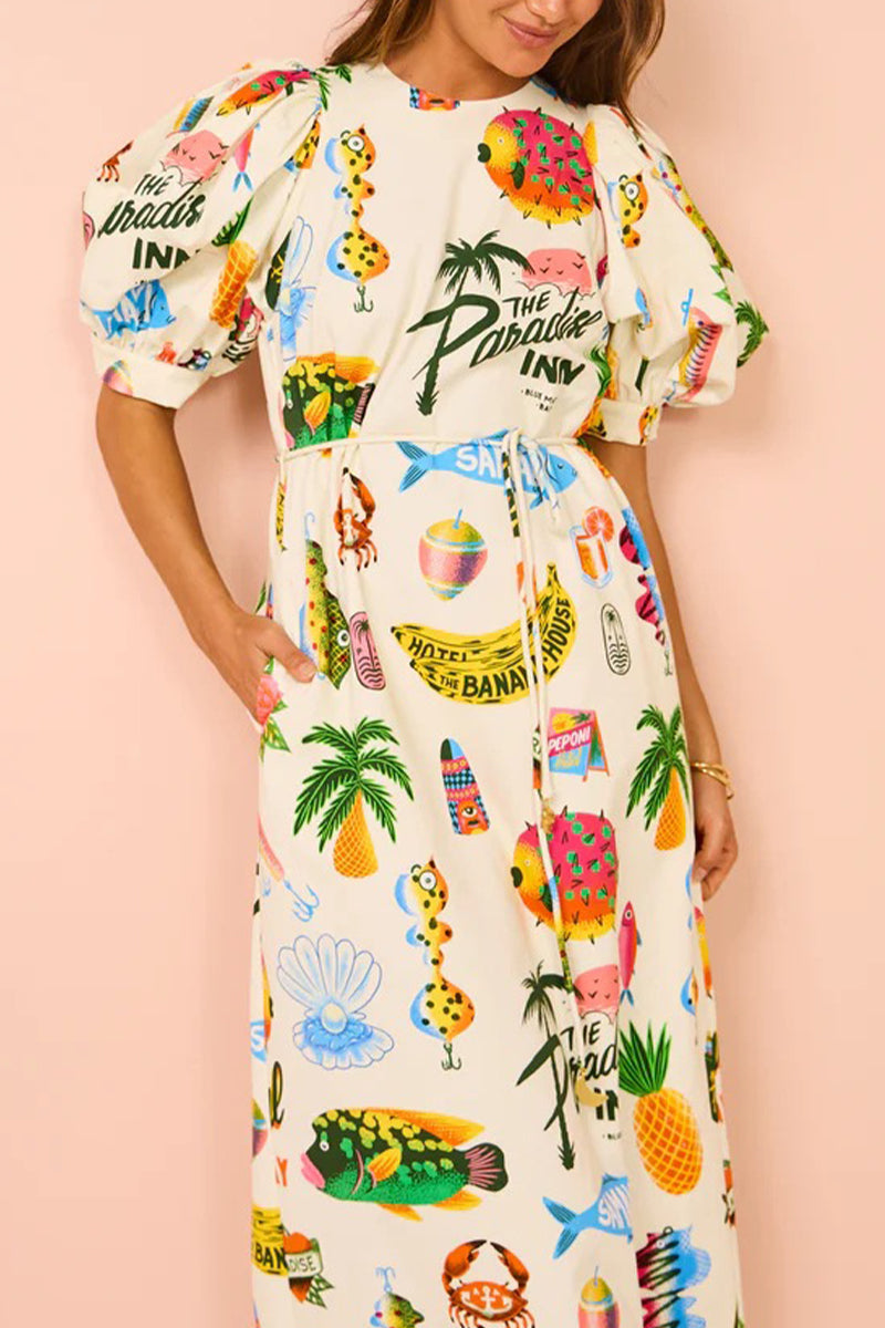 Casual Vintage Print Animal Frenulum O Neck Printed Dresses  Fashionpara