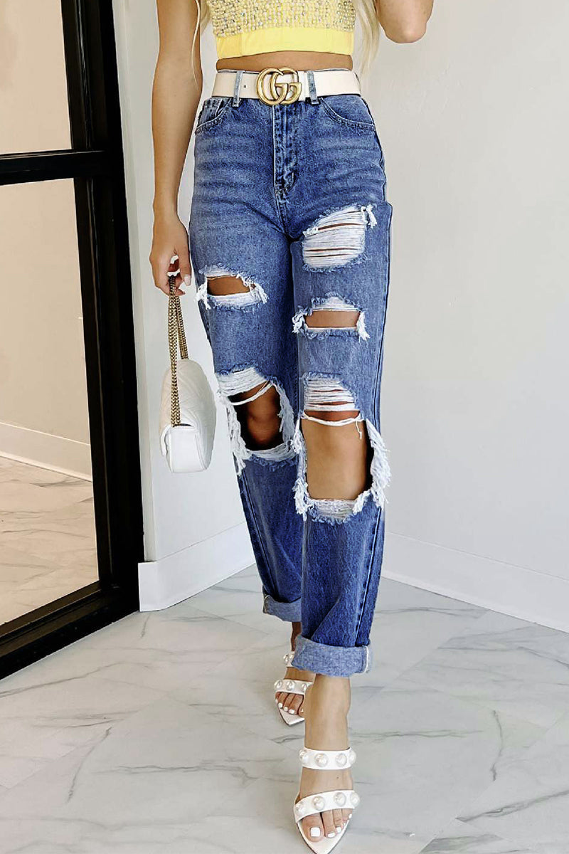 Casual Solid Ripped Pocket High Waist Loose Denim Jeans