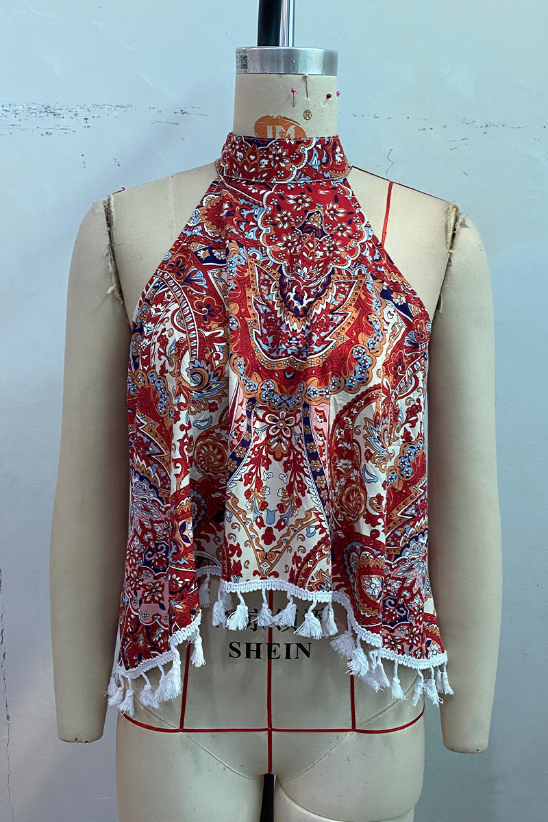Bohemian Vintage Geometric Print Tassel Asymmetrical Halter Tops
