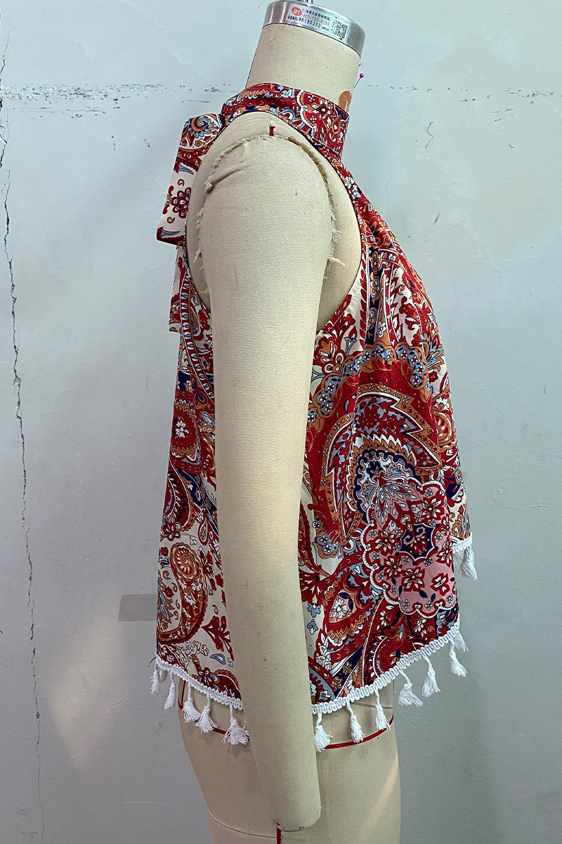 Bohemian Vintage Geometric Print Tassel Asymmetrical Halter Tops