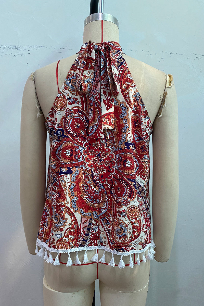 Bohemian Vintage Geometric Print Tassel Asymmetrical Halter Tops