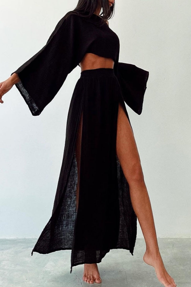 Casual Solid Slit O Neck Long Sleeve Two Pieces