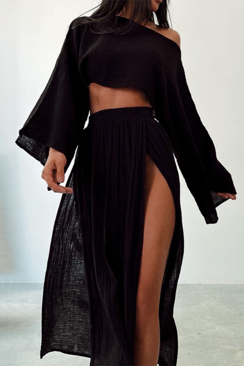 Casual Solid Slit O Neck Long Sleeve Two Pieces
