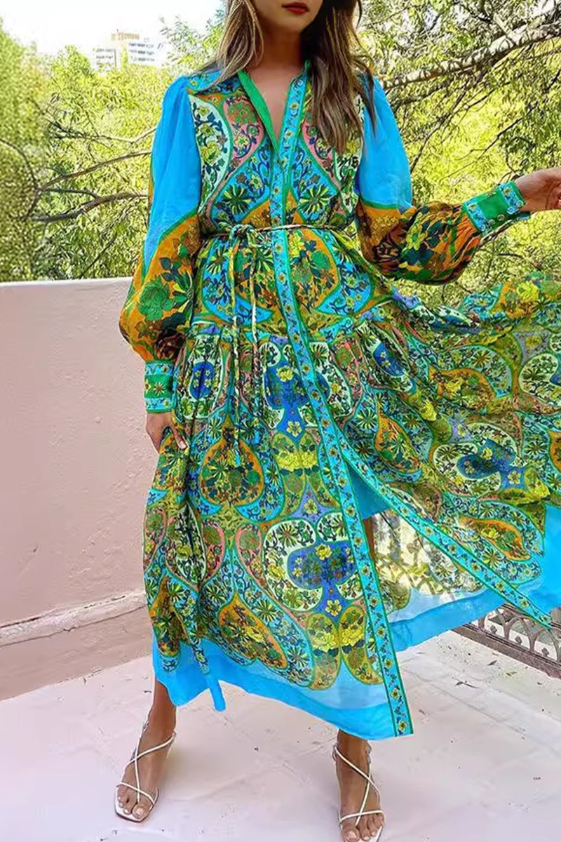 Casual Vintage Floral Frenulum Buckle Turndown Collar A Line Dresses  Fashionpara