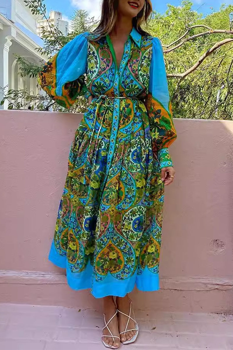 Casual Vintage Floral Frenulum Buckle Turndown Collar A Line Dresses  Fashionpara