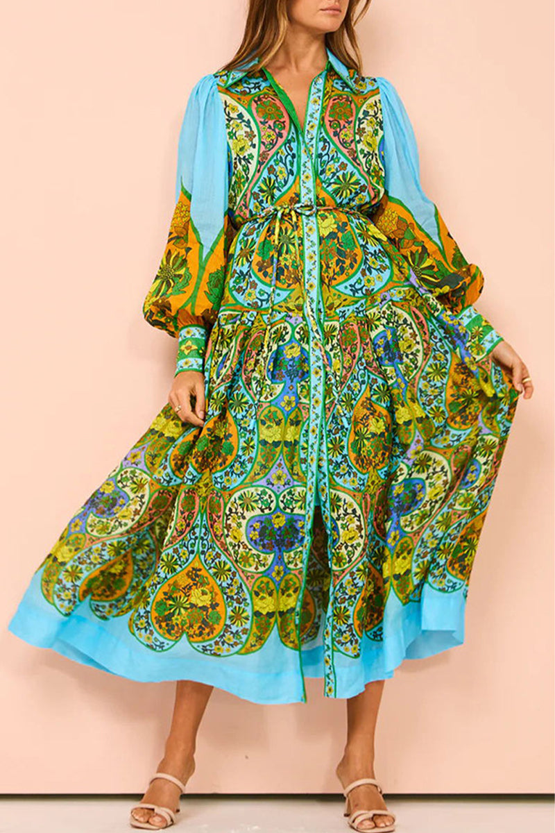 Casual Vintage Floral Frenulum Buckle Turndown Collar A Line Dresses  Fashionpara