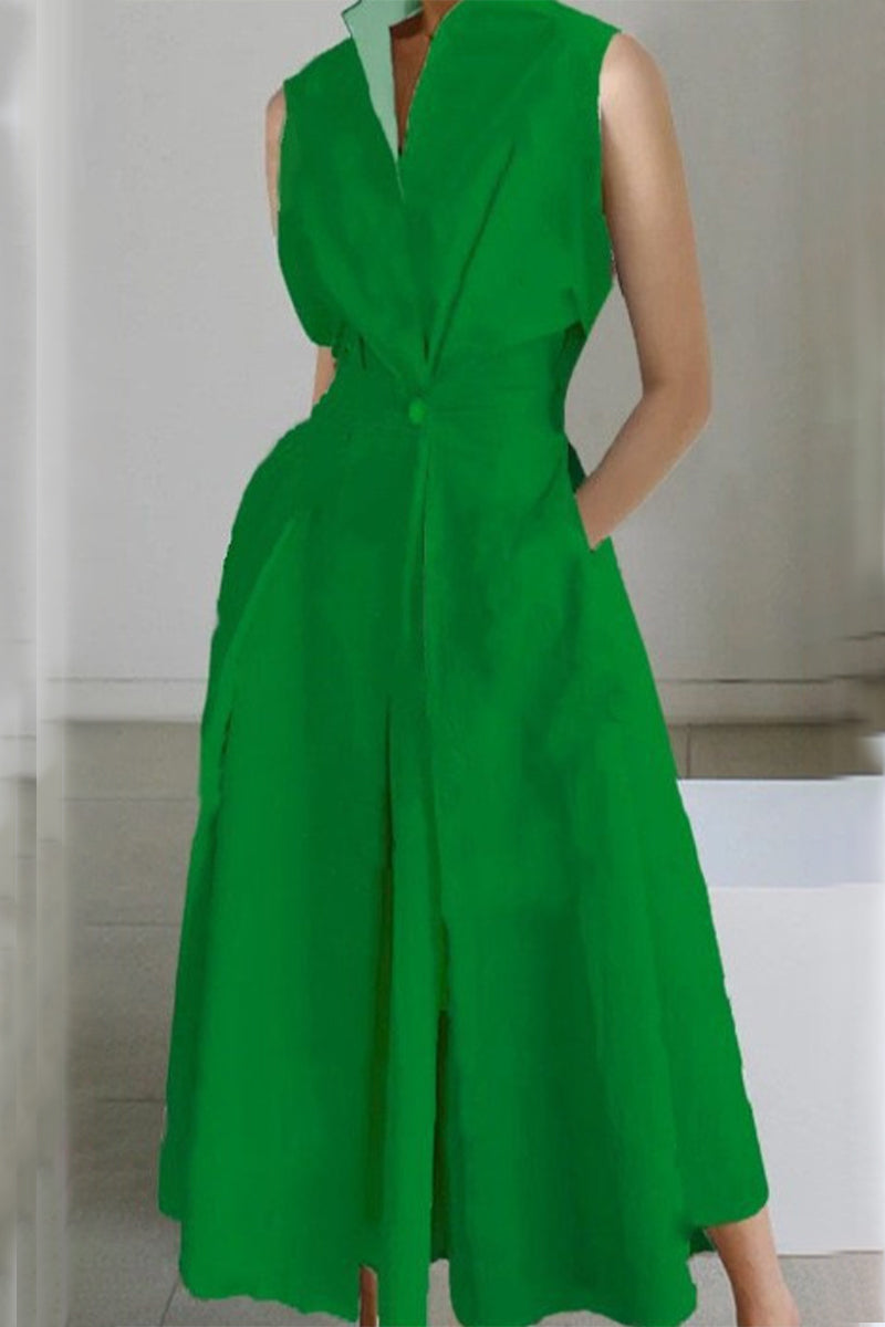 Casual Simplicity Solid Pocket Fold V Neck Shirt Dresses - Fashionpara