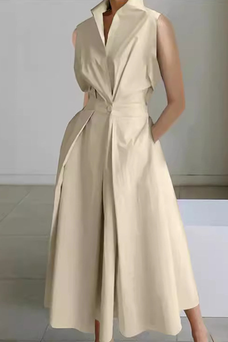 Casual Simplicity Solid Pocket Fold V Neck Shirt Dresses - Fashionpara