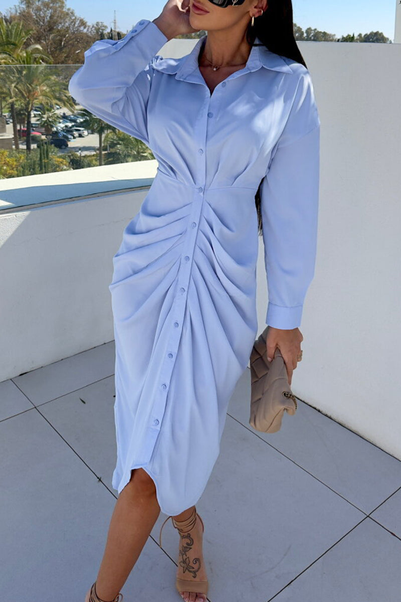 Elegant Solid Bandage Fold Turndown Collar Shirt Dresses - Fashionpara