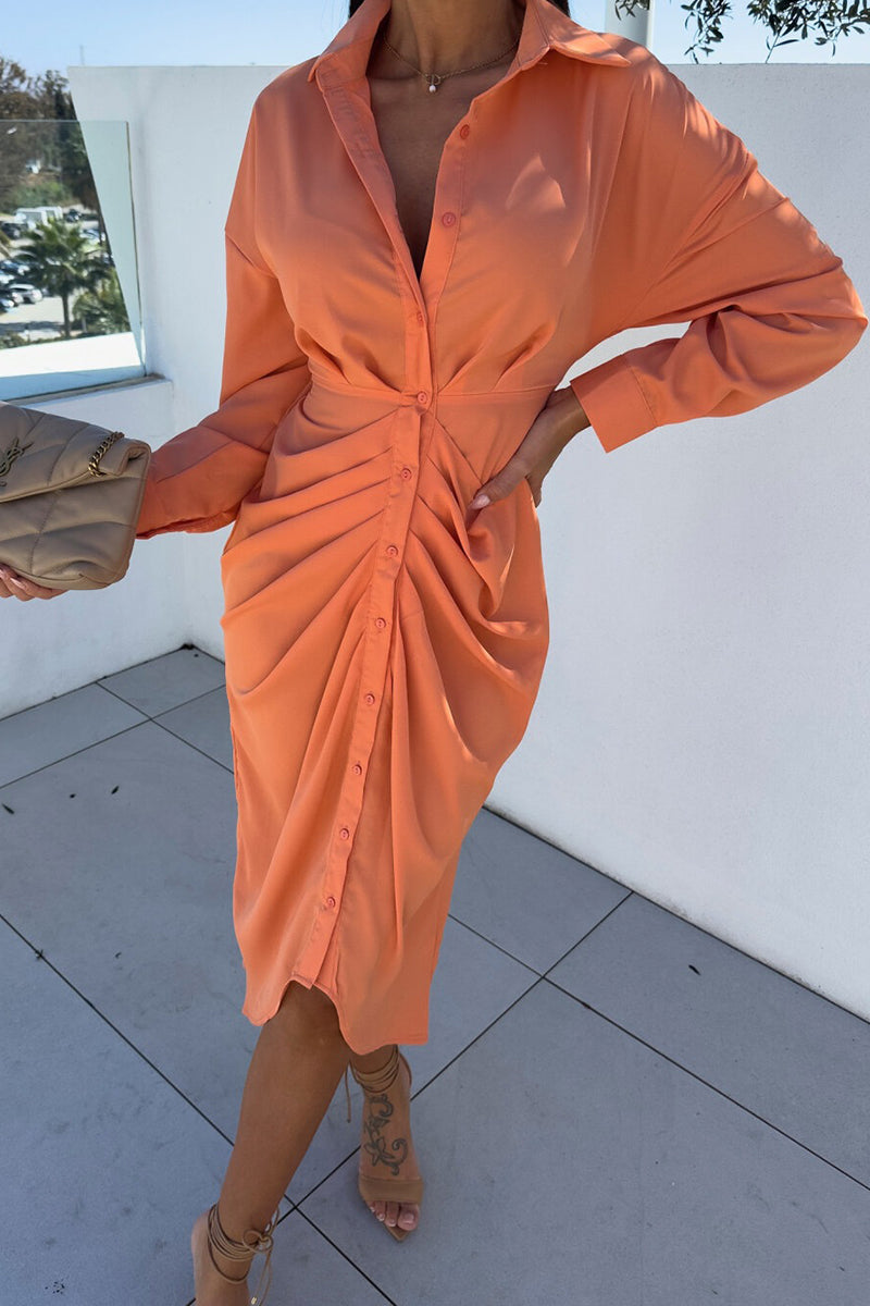 Elegant Solid Bandage Fold Turndown Collar Shirt Dresses - Fashionpara