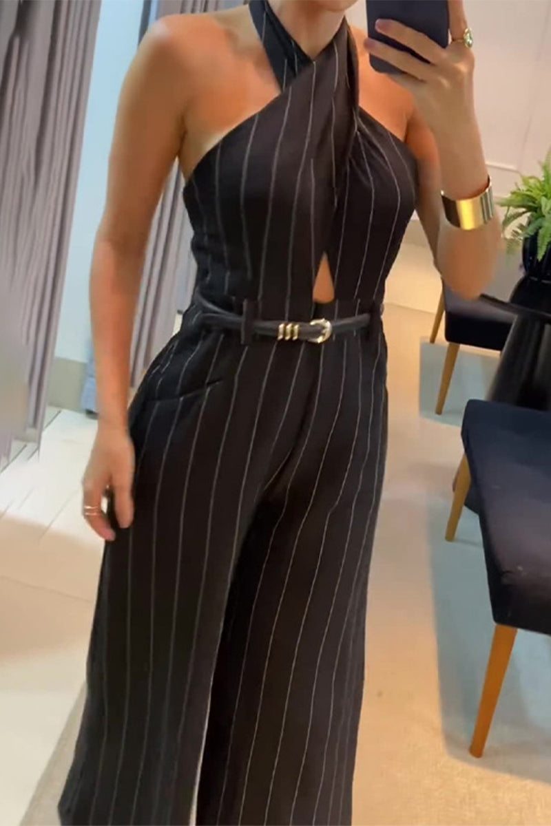 Casual British Style Striped Print Hollowed Out Backless Halter Regular Jumpsuits - Fashionpara