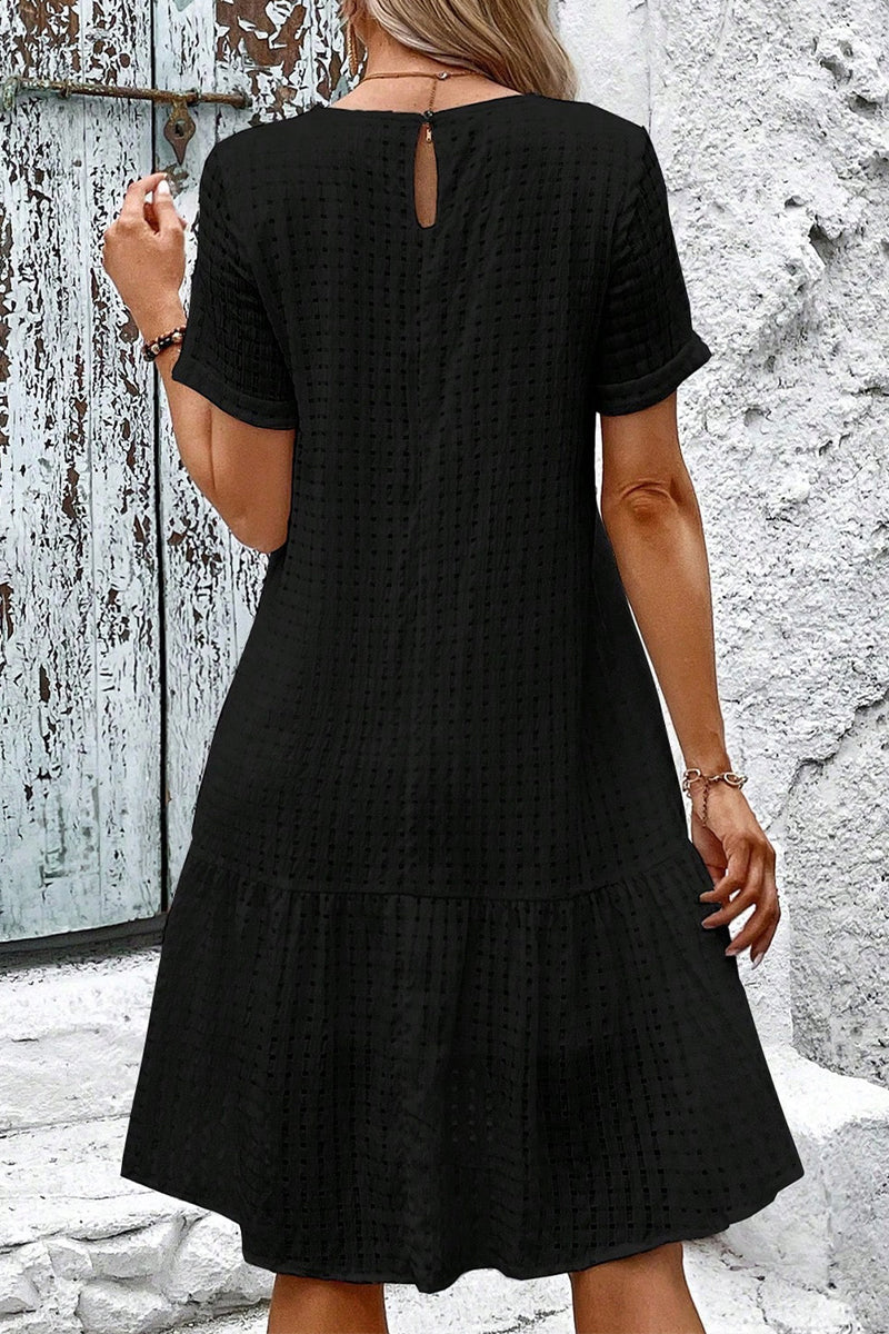 Casual Simplicity Solid Hollowed Out O Neck A Line Short Sleeve Dress - Fashionpara
