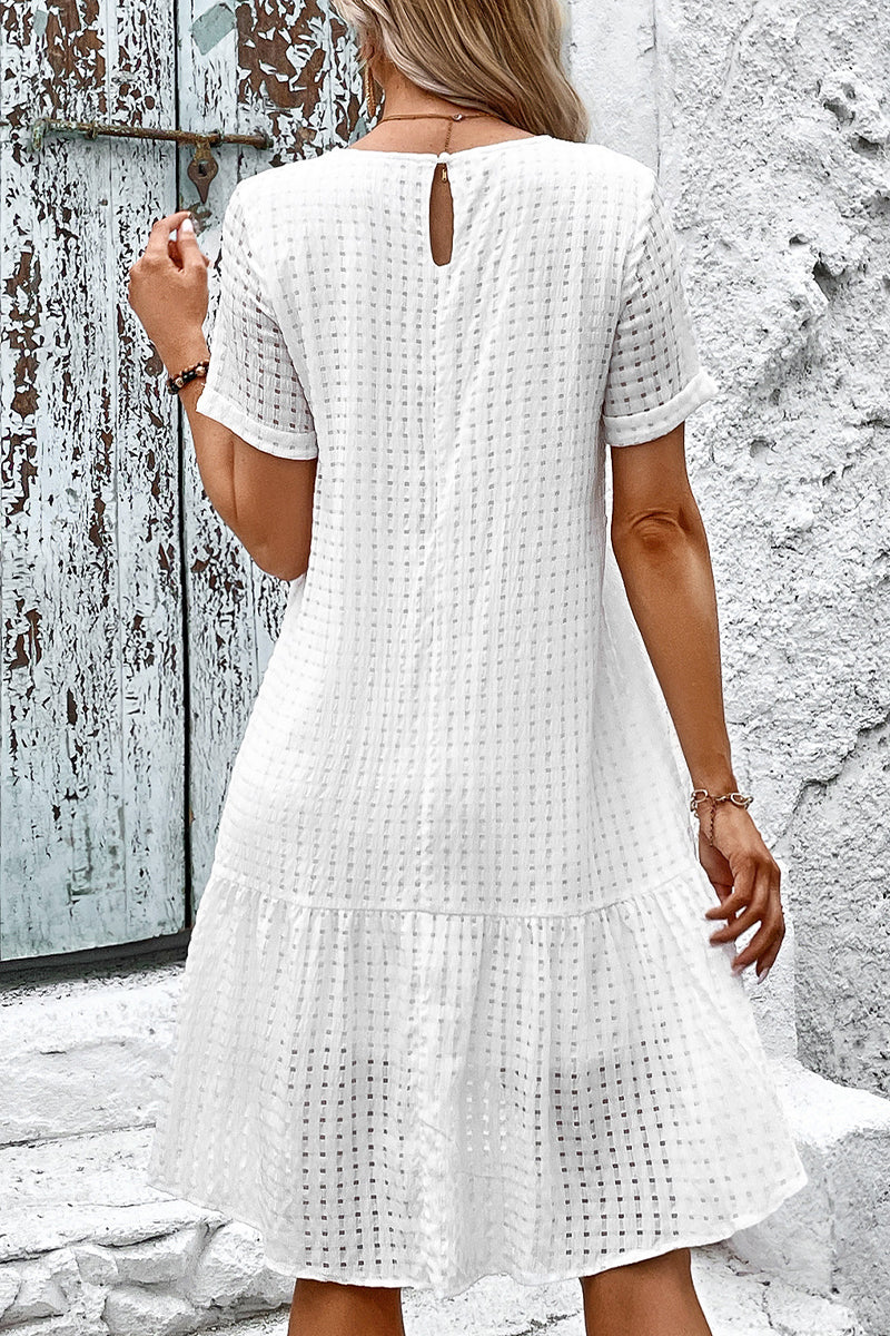 Casual Simplicity Solid Hollowed Out O Neck A Line Short Sleeve Dress - Fashionpara