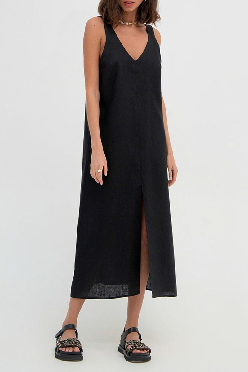 Casual Simplicity Solid V Neck Sleeveless Dresses - Fashionpara