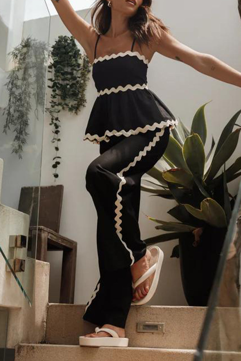 Casual Ripple Draw String Backless Contrast Sleeveless Two Pieces - Fashionpara