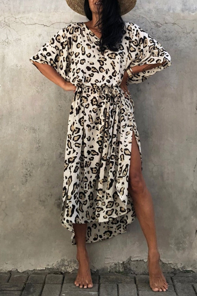 Vintage Vacation Print Leopard Slit Swimwears Cover Up(6 Colors)
