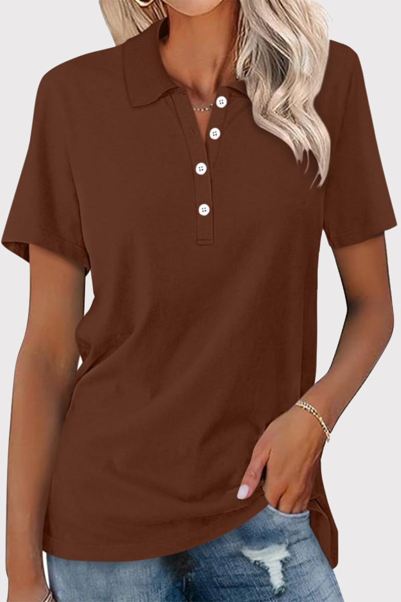 Casual Simplicity Solid Buckle Turndown Collar T-Shirts - Fashionpara