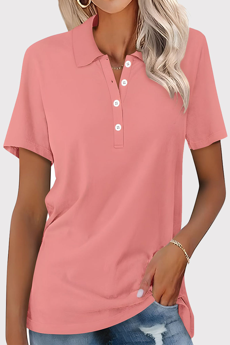 Casual Simplicity Solid Buckle Turndown Collar T-Shirts - Fashionpara