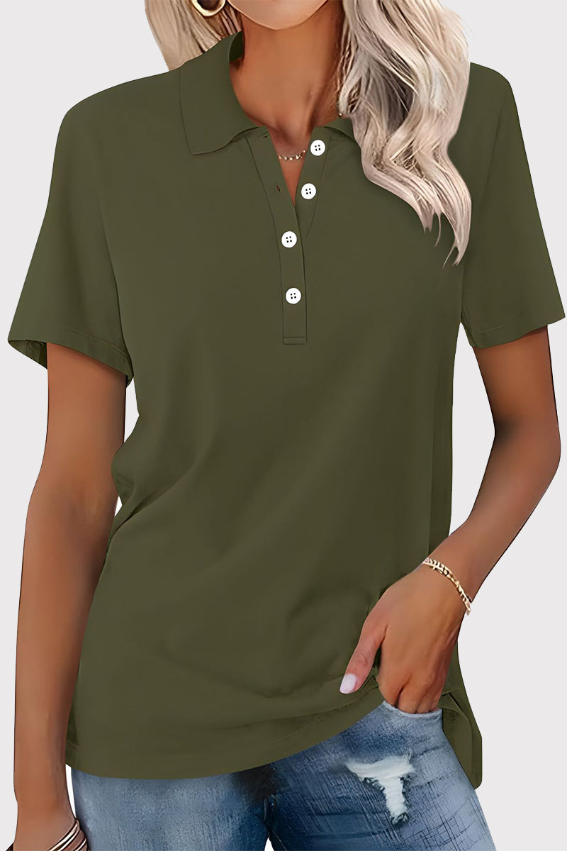 Casual Simplicity Solid Buckle Turndown Collar T-Shirts - Fashionpara