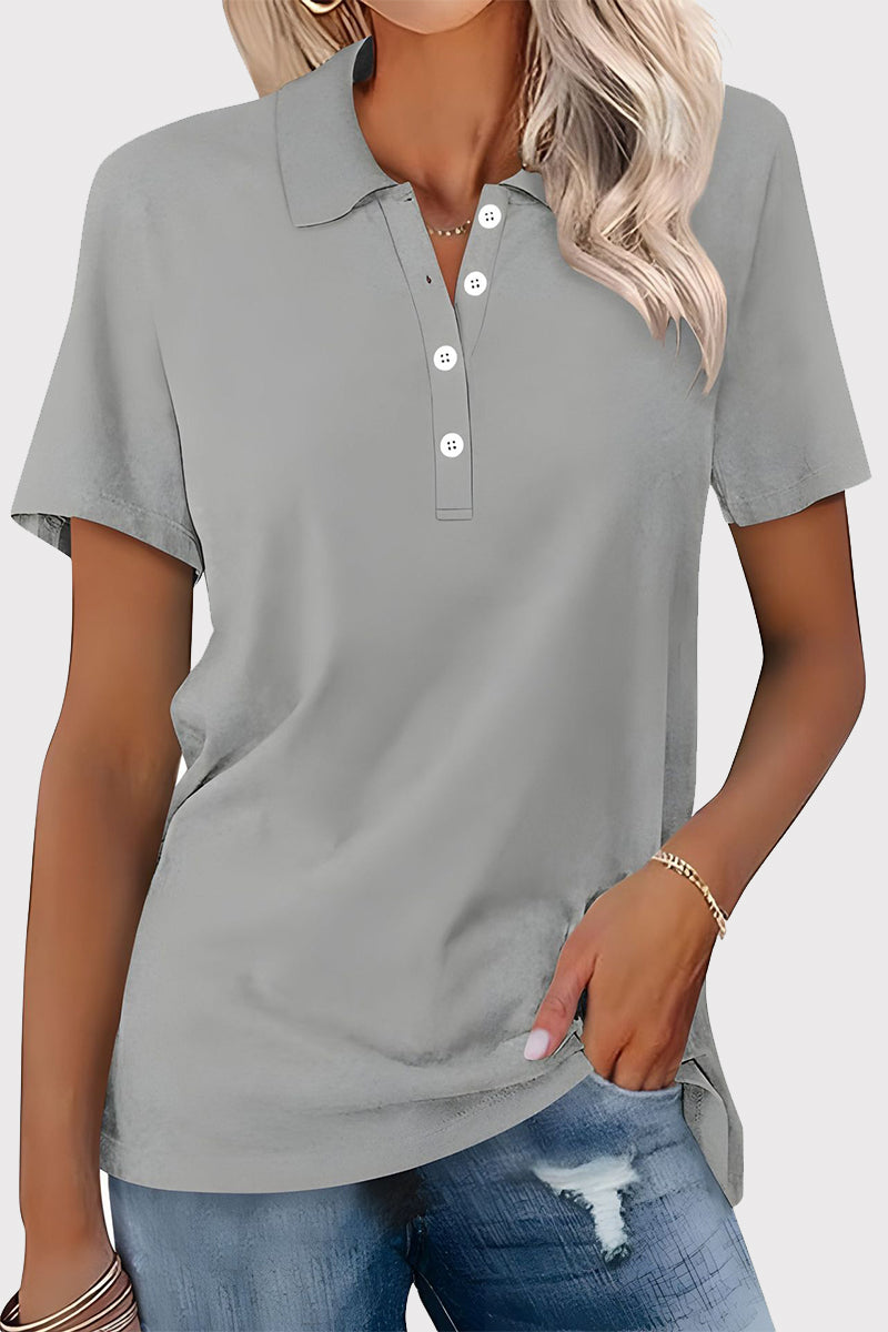 Casual Simplicity Solid Buckle Turndown Collar T-Shirts - Fashionpara