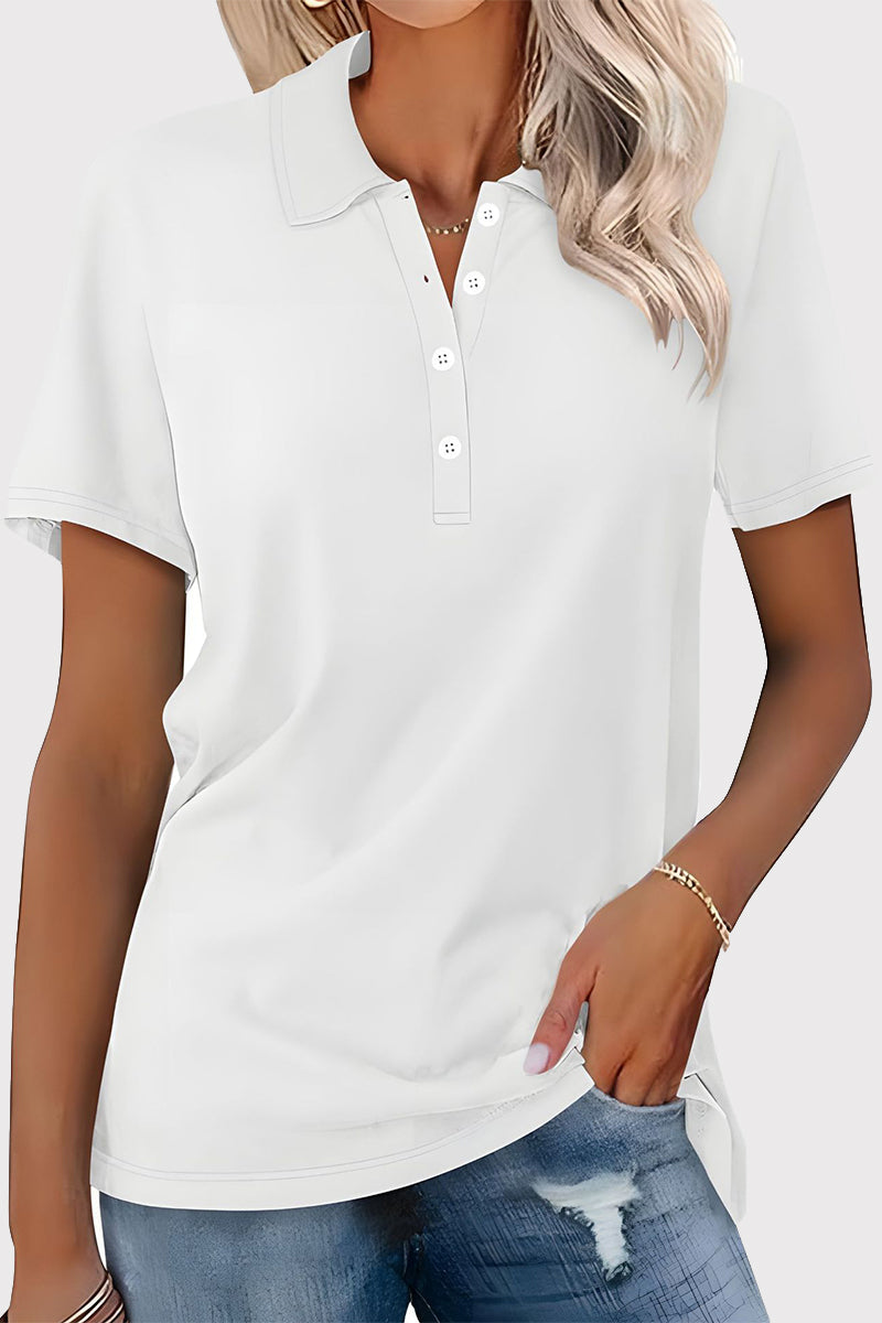 Casual Simplicity Solid Buckle Turndown Collar T-Shirts - Fashionpara