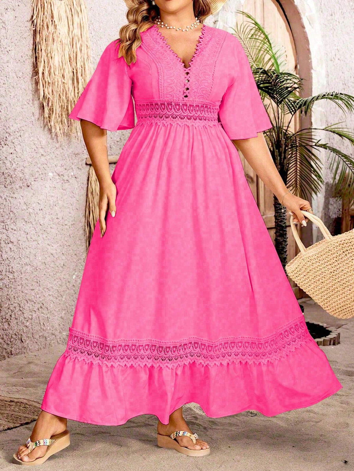 V-Neck Flutter Sleeve Crochet Lace Insert Empire Waist Maxi Dress - View 3