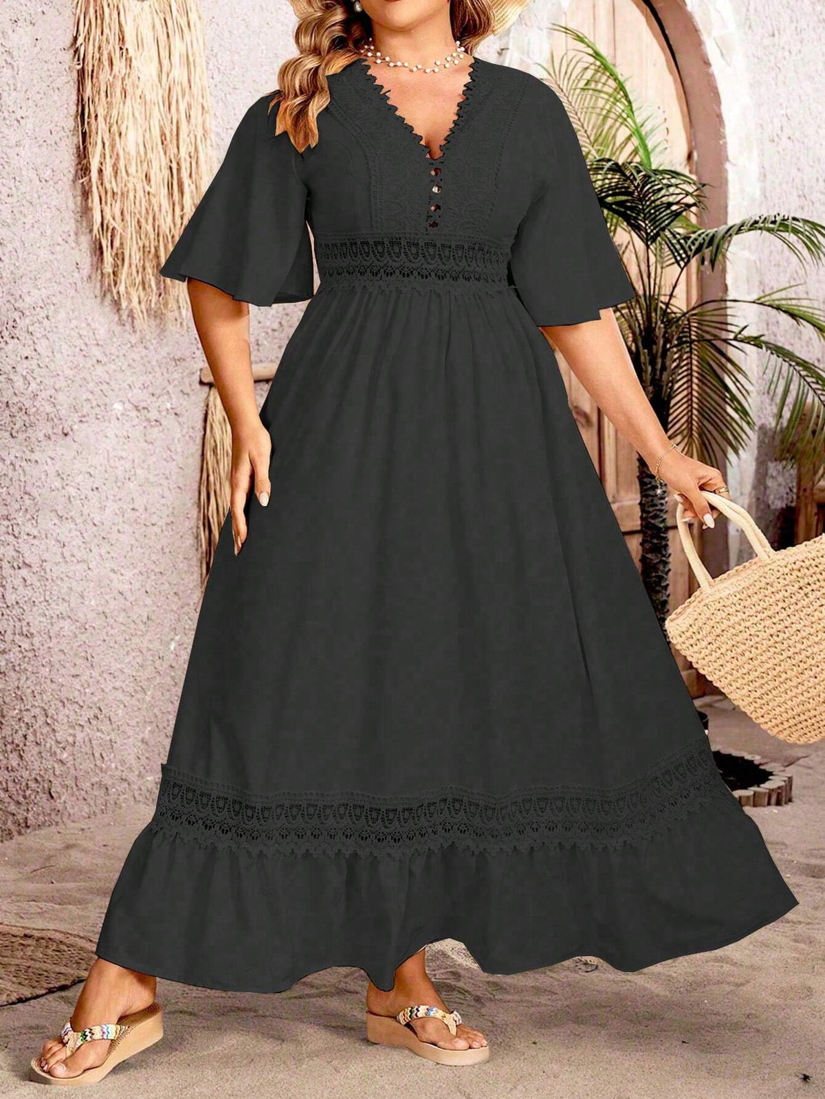 V-Neck Flutter Sleeve Crochet Lace Insert Empire Waist Maxi Dress - View 4