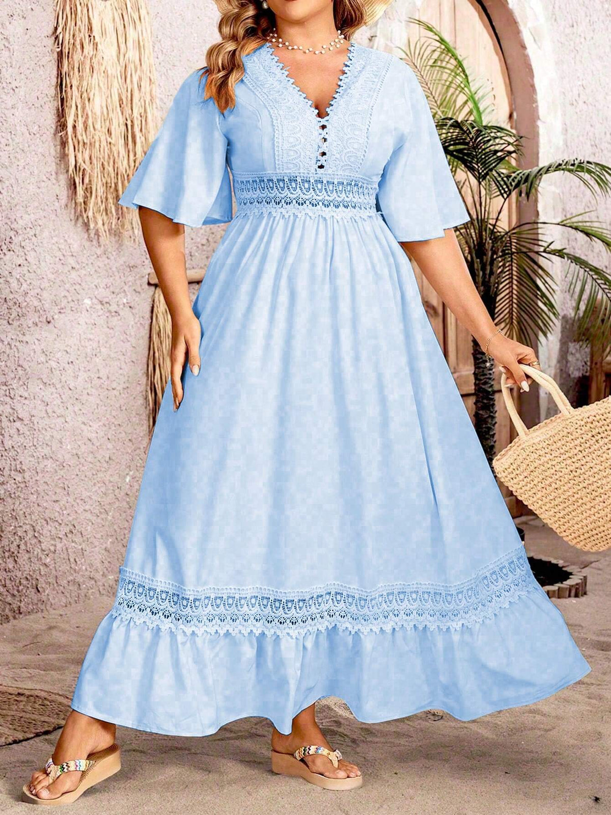 V-Neck Flutter Sleeve Crochet Lace Insert Empire Waist Maxi Dress