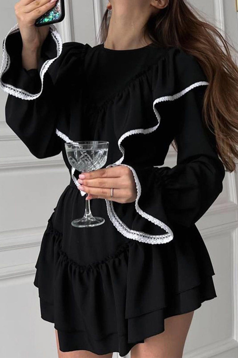 Celebrities Elegant Solid Flounce O Neck A Line Dresses - Fashionpara