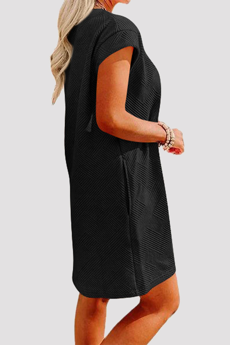 Casual Sportswear Solid Pocket Texture O Neck A Line Short Sleeve Dress - Fashionpara