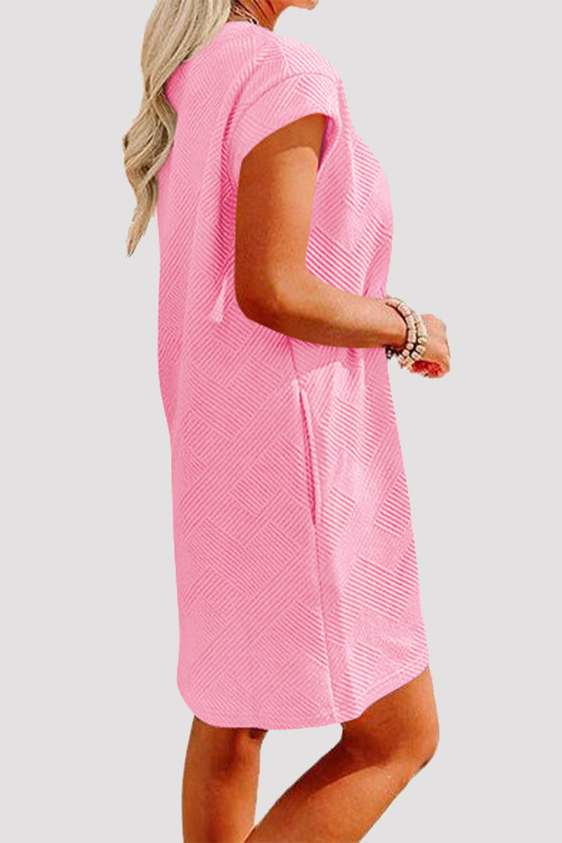 Casual Sportswear Solid Pocket Texture O Neck A Line Short Sleeve Dress - Fashionpara