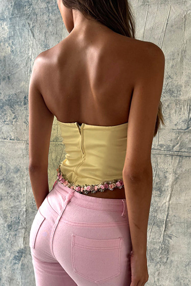 Flowers Patchwork Zipper Strapless Tops - Fashionpara